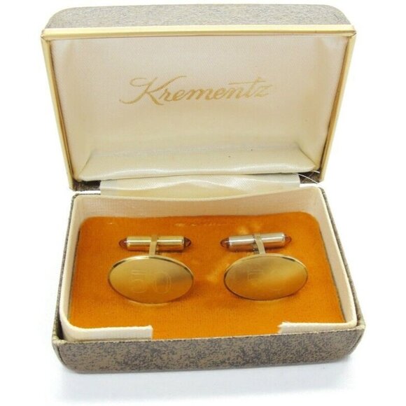 "50" Monogram Krementz 14K Gold Overlay Oval Vtg Cufflinks Orange Tip Tux IOB - Picture 4 of 12